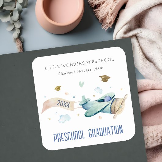 かわいいキッズ飛行機スカイスタープリスクール卒業 スクエアシール