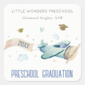 かわいいキッズ飛行機スカイスタープリスクール卒業 スクエアシール (正面)