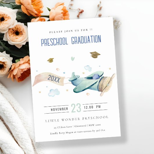 かわいいキッズ飛行機スカイスタープリスクール卒業 招待状