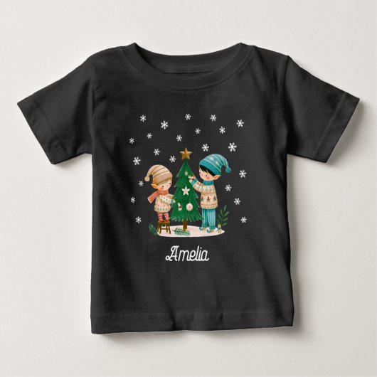 かわいいキッズ飾のクリスマスツリースケッチ ベビーTシャツ (正面)