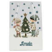 かわいいキッズ飾のクリスマスツリースケッチ ミディアムペーパーバッグ (正面)