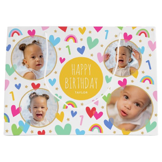 かわいいキッズ1st誕生日レインボーフォトハートイエロー ラージペーパーバッグ (正面)