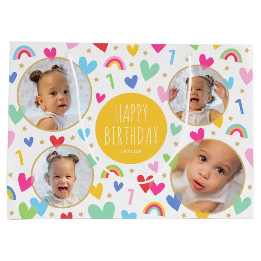 かわいいキッズ1st誕生日レインボーフォトハートイエロー ラージペーパーバッグ (裏面)