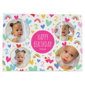かわいいキッズ2nd誕生日レインボーフォトハートピンク ラージペーパーバッグ (裏面)