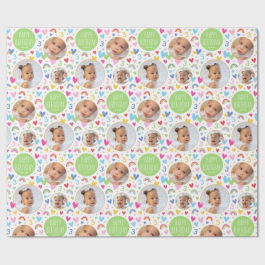 かわいいキッズ3rd誕生日レインボーフォトハートグリーン ラッピングペーパー (フラット)