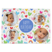 かわいいキッズ4th誕生日レインボーフォトハートブルー ラージペーパーバッグ (裏面)
