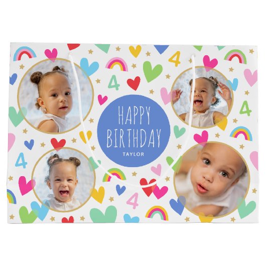 かわいいキッズ4th誕生日レインボーフォトハートブルー ラージペーパーバッグ (裏面)