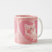 かわいいキットとハートシェイプヴィンテージスタイルソフトピンク ツートーンマグカップ (正面右)