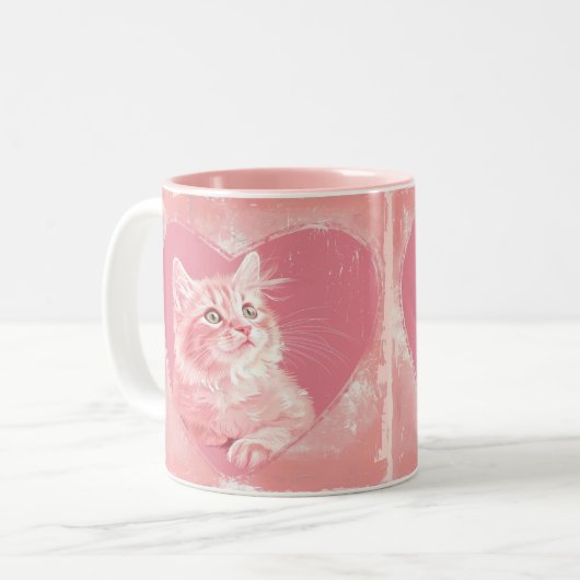 かわいいキットとハートシェイプヴィンテージスタイルソフトピンク ツートーンマグカップ (正面左)