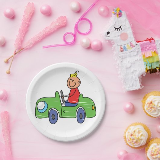 かわいいキッドドライビンググリーンカーチャイルドズイラストレーション ペーパープレート (パーティー)