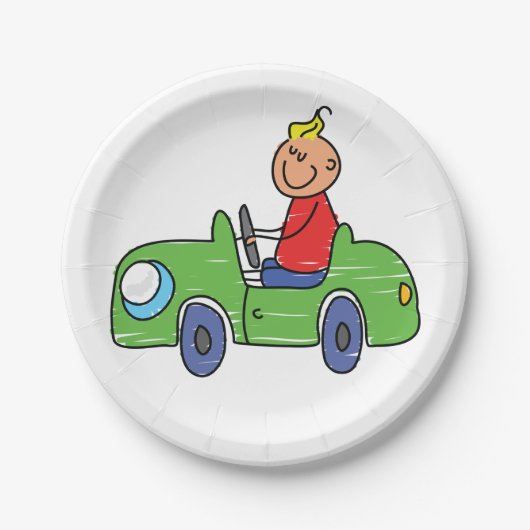 かわいいキッドドライビンググリーンカーチャイルドズイラストレーション ペーパープレート (正面)
