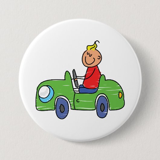 かわいいキッドドライビンググリーンカーチャイルドズイラストレーション 缶バッジ (正面)