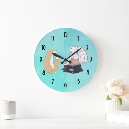 かわいいキツネおよびウサギの森林創造物の引くこと ラージ壁時計 (ホーム)