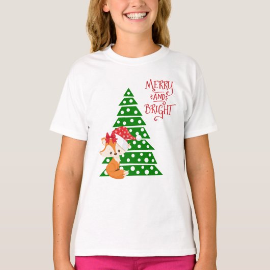 かわいいキツネおよびクリスマスツリー Tシャツ (正面)