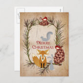 かわいいキツネおよび森林動物のメリークリスマス シーズンポストカード (正面/裏面)