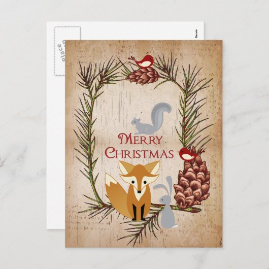 かわいいキツネおよび森林動物のメリークリスマス シーズンポストカード (正面/裏面)