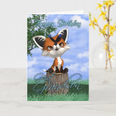 かわいいキツネが付いているひ孫のバースデー・カードおよびしかし カード (黄色い花)