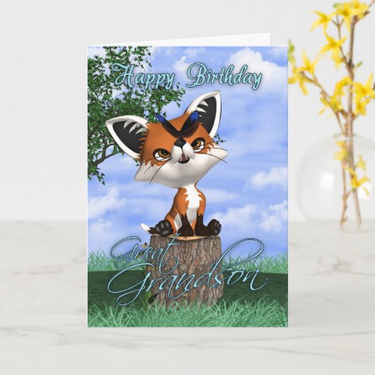 かわいいキツネが付いているひ孫のバースデー・カードおよびしかし カード (黄色い花)