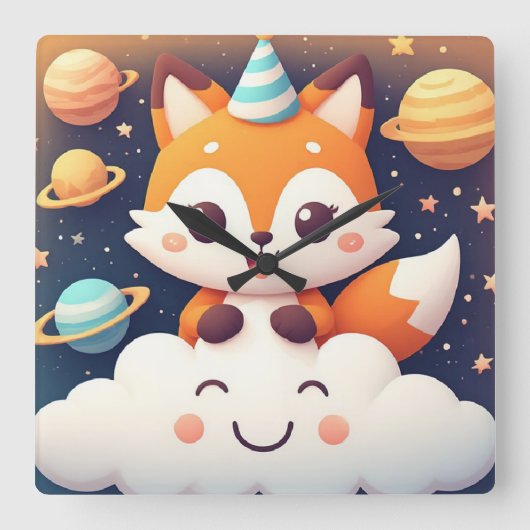 かわいいキツネが微笑む雲の上にいて、惑星や星と一緒にいます スクエア壁時計 (正面)
