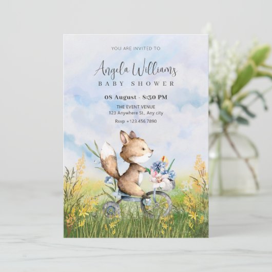 かわいいキツネが自転車の赤ちゃんシャワーに乗る 招待状 (スタンド正面)