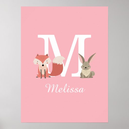 かわいいキツネとウサギの森の動物モノグラムピンク ポスター (正面)