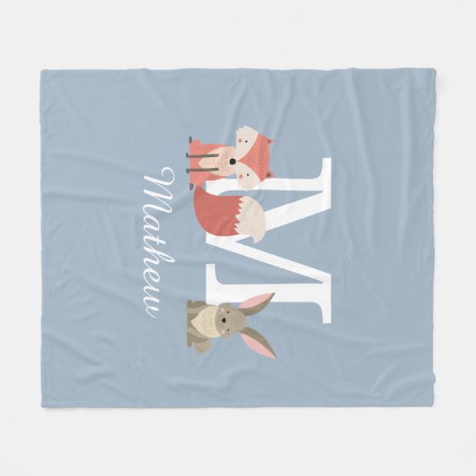 かわいいキツネとウサギの森の動物モノグラムブルー フリースブランケット (正面(横))