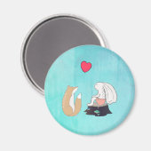 かわいいキツネとウサギの森の生き物とハート マグネット (正面/裏面)