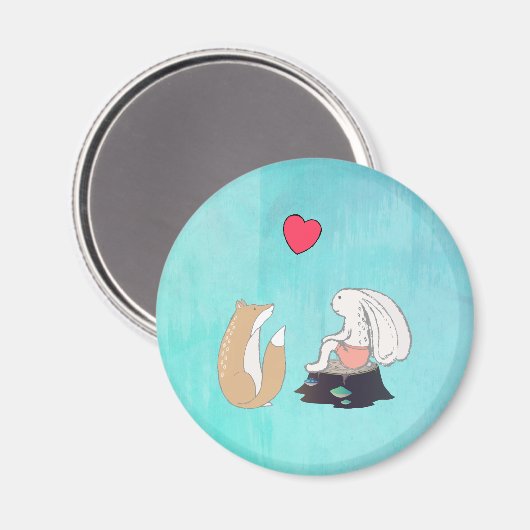 かわいいキツネとウサギの森の生き物とハート マグネット (正面/裏面)