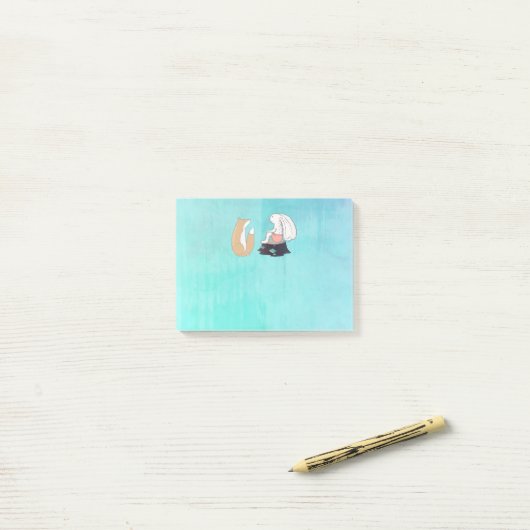 かわいいキツネとウサギの漫画のスケッチ ポストイット (デスク上)