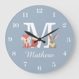 かわいいキツネとウサギ男の赤ちゃんモノグラムブルー ラージ壁時計