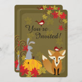 かわいいキツネとウッドランド動物秋誕生日 招待状 (正面/裏面)