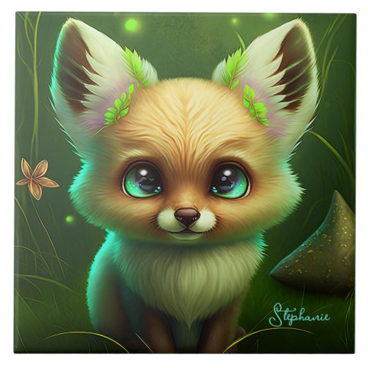 かわいいキツネとオレンジ色の花緑 タイル (正面)