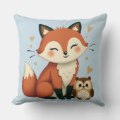 かわいいキツネとフクロウお洒落ウッドランドイラストレーション クッション (正面)