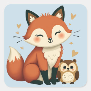 かわいいキツネとフクロウお洒落ウッドランドイラストレーション スクエアシール