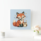 かわいいキツネとフクロウお洒落ウッドランドイラストレーション スクエア壁時計 (ホーム)