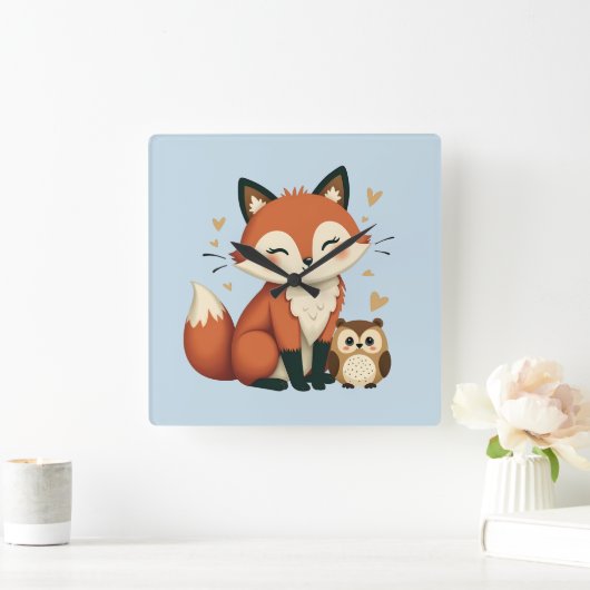 かわいいキツネとフクロウお洒落ウッドランドイラストレーション スクエア壁時計 (ホーム)