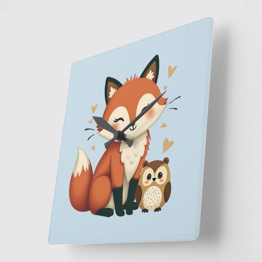 かわいいキツネとフクロウお洒落ウッドランドイラストレーション スクエア壁時計 (傾斜)