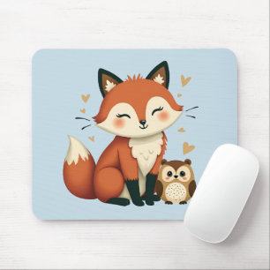 かわいいキツネとフクロウお洒落ウッドランドイラストレーション マウスパッド