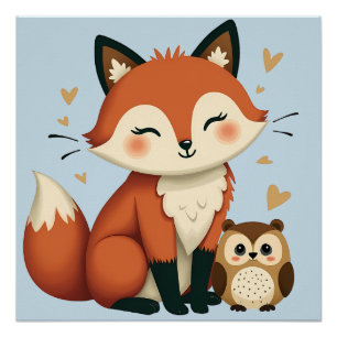 かわいいキツネとフクロウの幻想的な森のイラスト ポスター