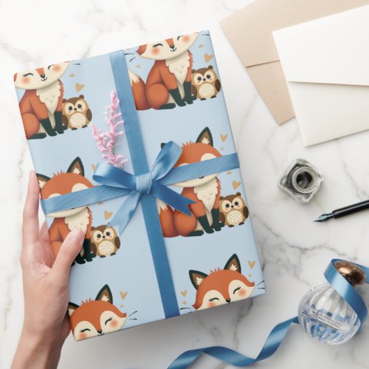 かわいいキツネとフクロウの幻想的な森のイラスト ラッピングペーパー (ギフト)