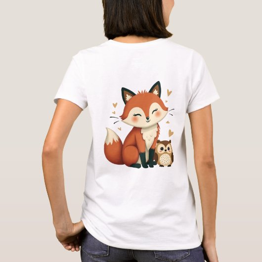 かわいいキツネとフクロウの幻想的な森のイラスト Tシャツ (裏面)