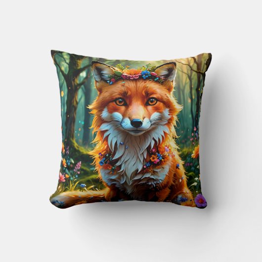 かわいいキツネとフローラクラウン クッション (正面)