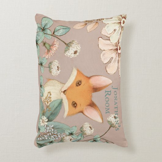 かわいいキツネとフローラリーススクリプト子供部屋 アクセントクッション (正面(垂直))
