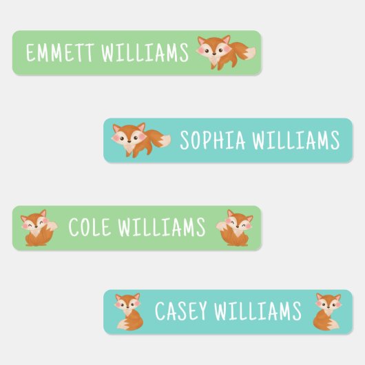 かわいいキツネと子供の名前の防水 ラベル (グループ)