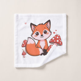 かわいいキツネのイラストとキノコのかわいいキャラクターアート ウォッシュタオル