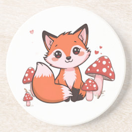 かわいいキツネのイラストとキノコのかわいいキャラクターアート コースター