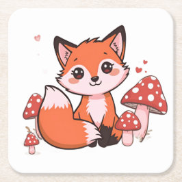 かわいいキツネのイラストとキノコのかわいいキャラクターアート スクエアペーパーコースター