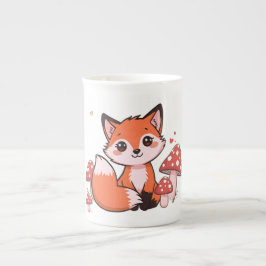 かわいいキツネのイラストとキノコのかわいいキャラクターアート ボーンチャイナマグカップ