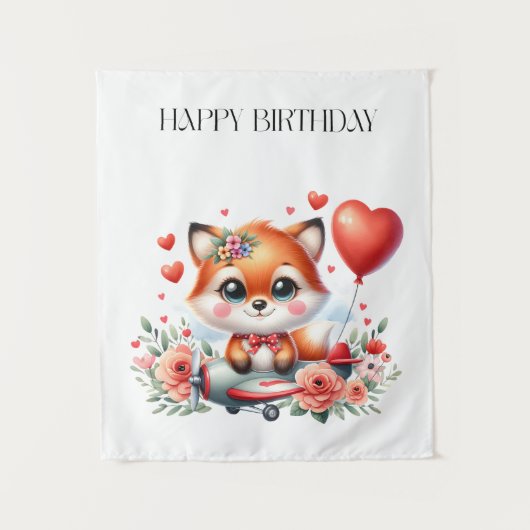 かわいいキツネのパイロット 誕生日 タペストリー (正面)
