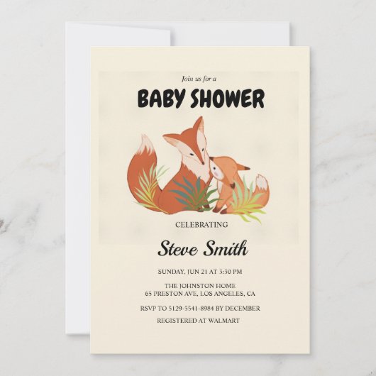 かわいいキツネのベイビーシャワーのご招待 - 森のテーマ 招待状 (正面)
